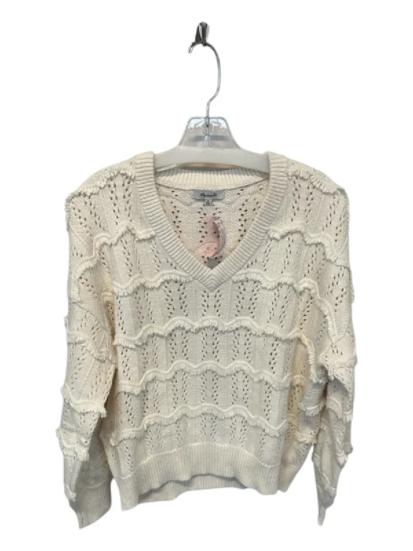 Celebrity Style Madewell Size M Cream Cotton Long Sleeve Fringe V Neck Sweater