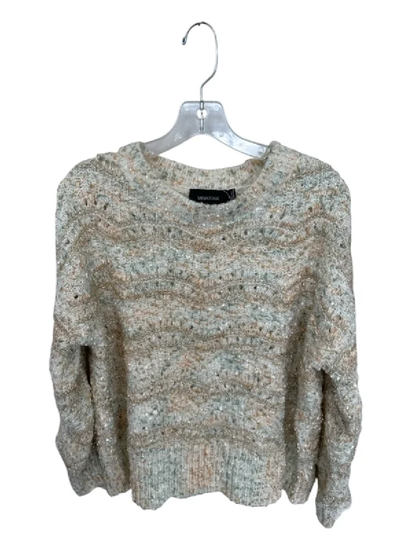 Relaxed Wear Minkpink Size M Tan & Mint Green Knit Metallic Long Sleeve Sweater