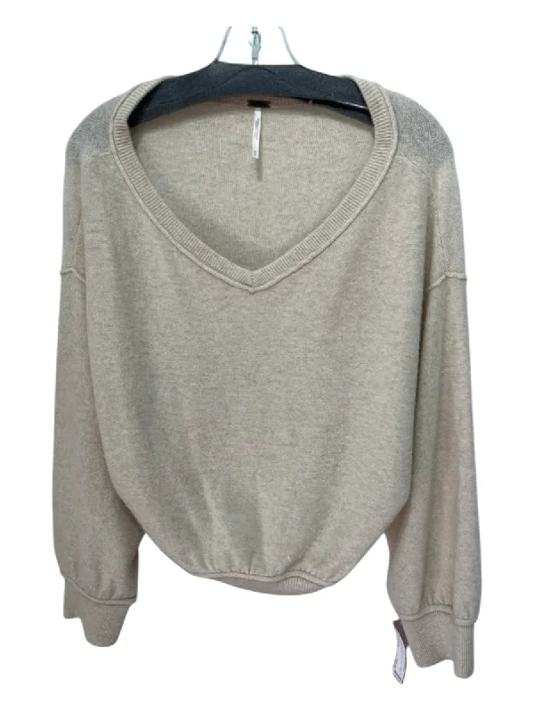 Versatile Comfort Free People Size Medium Beige Cashmere Long Sleeve V Neck Ribbed Sweater
