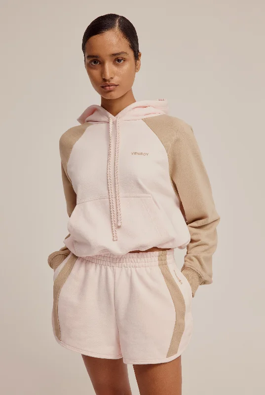 Sports Design Contrast Cropped Track Hoodie - Pale Pink/Walnut