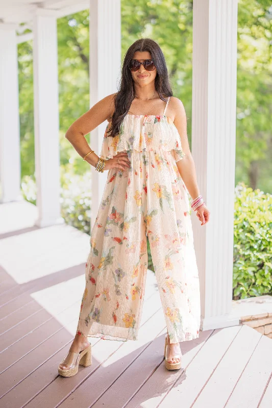Comfortable Fashion Chic Floral Peach Flowy Jumpsuit