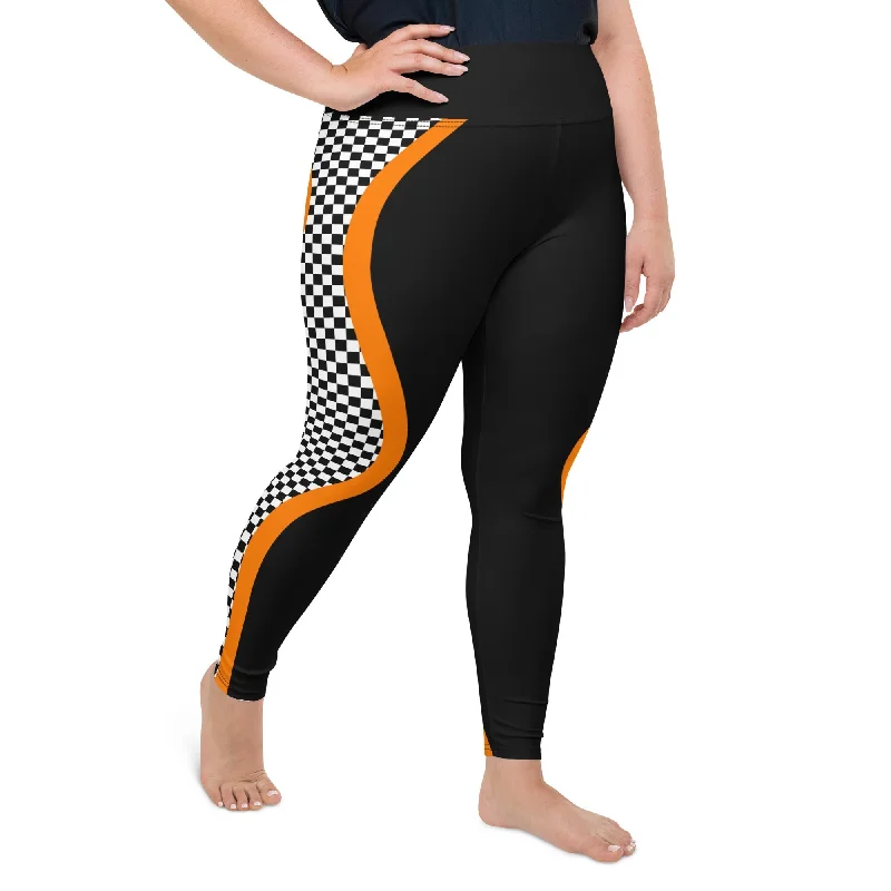 Spring Fashion Black and Orange Checkered Plus Size Leggings