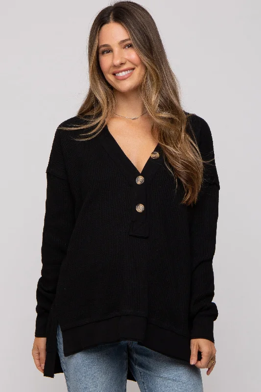 Comfortable Fashion Looks Black Waffle Knit Deep V-Neck Maternity Top