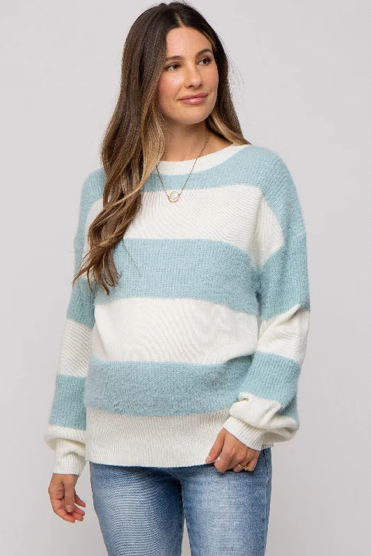 Effortless Looks Blue Striped Brushed Maternity Sweater