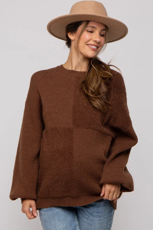 Comfortable Jeans Brown Textured Checker Maternity Sweater