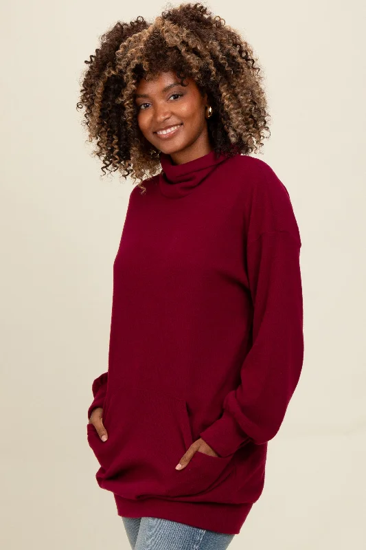 High-end Design Burgundy Brushed Knit Cowl Neck Pullover