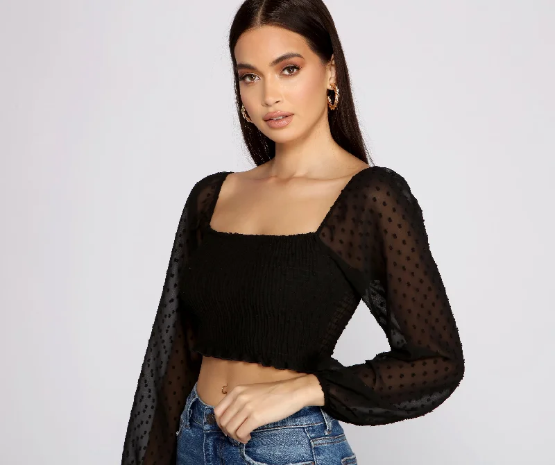 Cozy Outerwear Dotted Darling Smocked Crop Top