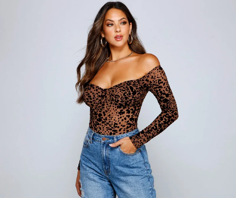 Innovative Design Flocked Velvet Leopard Print Bodysuit