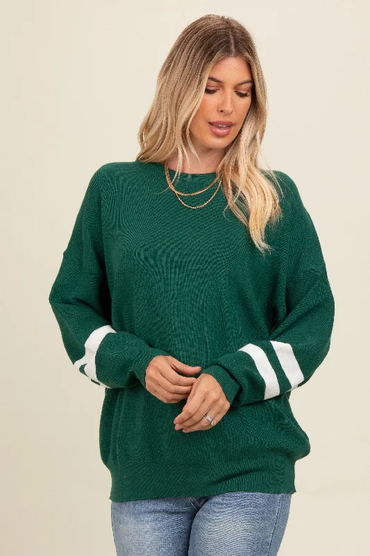 Cozy Shirts Forest Green Striped Sleeve Relaxed Fit Sweater