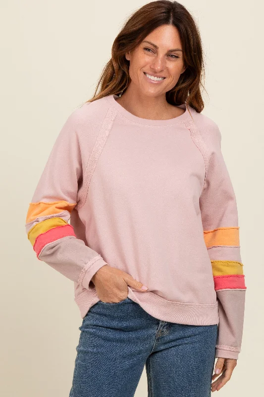 Soft Feel Light Pink Colorblock Sleeve Pullover