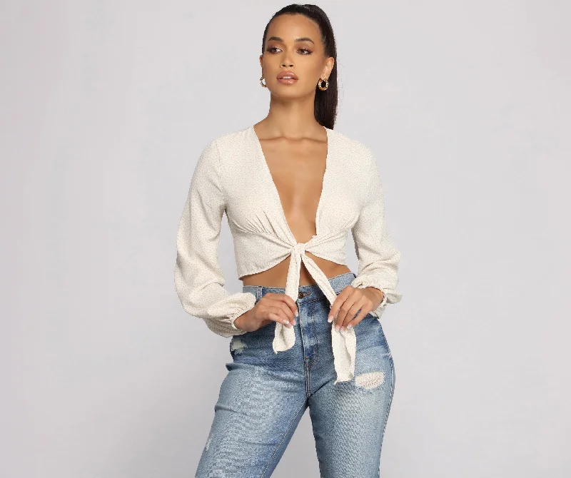 High-end Fabrics Major Trendsetter Tie Front Crop Top