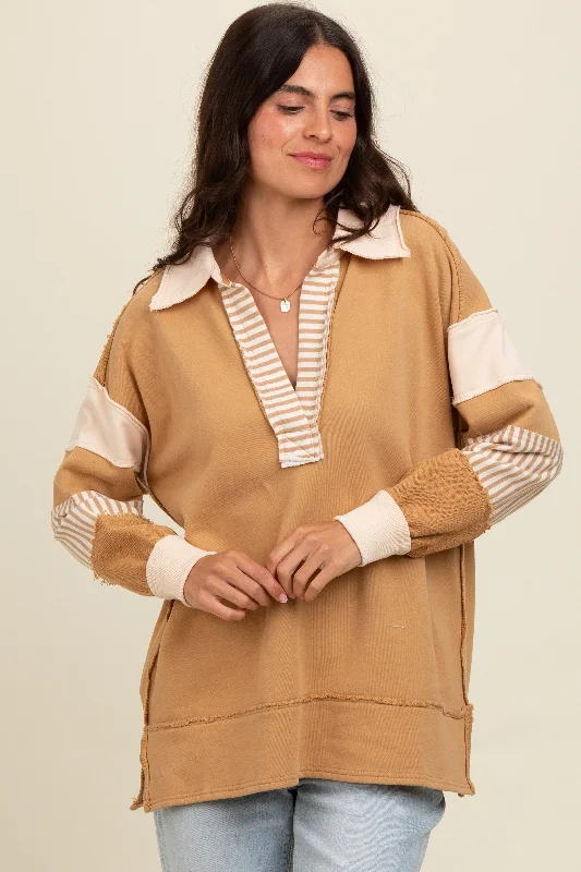 Trendy Comfort Wear Mocha Colorblock Stripe Polo Pullover Top