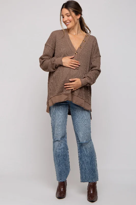 Versatile Comfort Mocha Waffle Knit Deep V-Neck Maternity Top