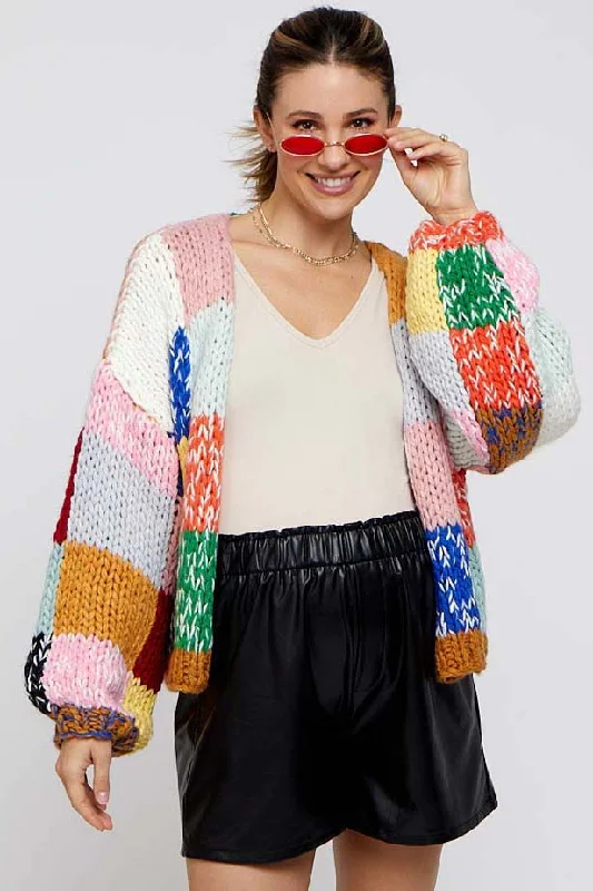 Elegant And Noble Multicolor Color Block Checkered Thick Knit Maternity Cardigan