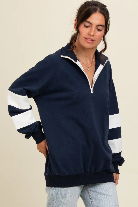 Soft Textures Navy Half Zip Stripe Sleeve Pullover