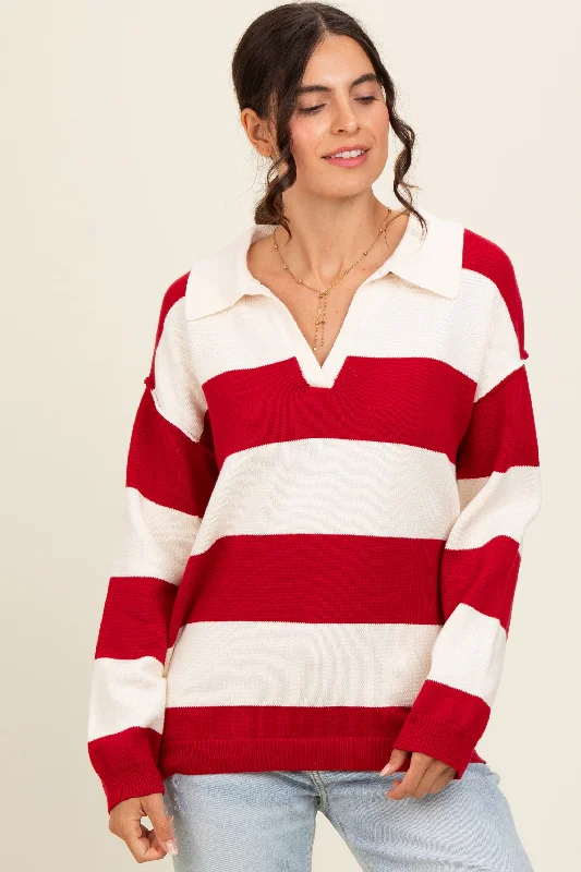 Simple Comfort Red Wide Stripe Polo Sweater