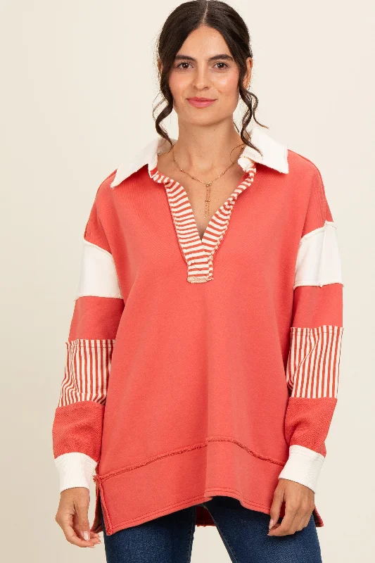 Soft Tops Rust Colorblock Stripe Polo Pullover Top