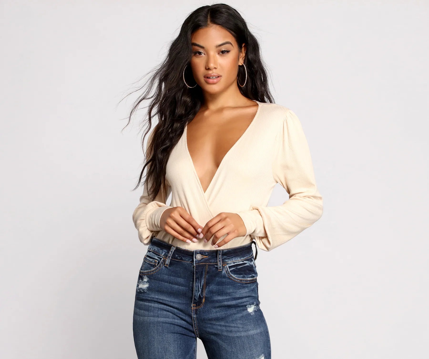 Cozy Fashion Sultry Deep V Neck Ribbed Bodysuit