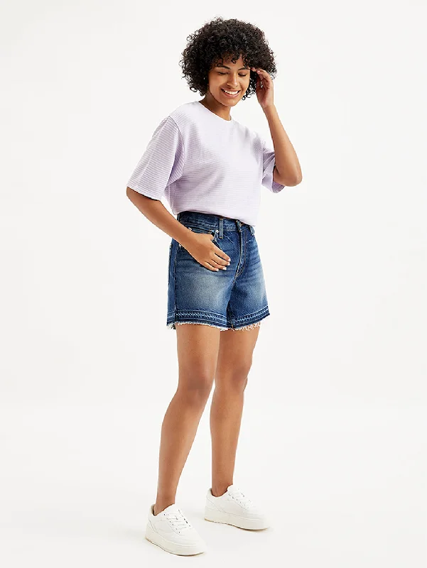 Soft Knitwear Women's Mid Rise Navy Relaxed Fit Denim Shorts