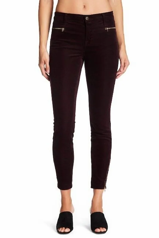 Trendy Layers Iselin Burgundy Gold Ankle Zip Corduroy Stretch Jeans In Dark Burgundy